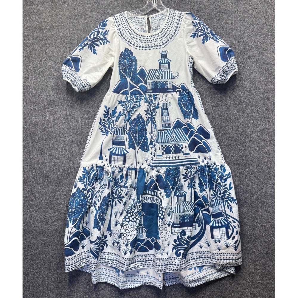 Farm Rio Toile Pagoda Midi Dress Womens XS Blue White Cotton Puff Sleeve Boho